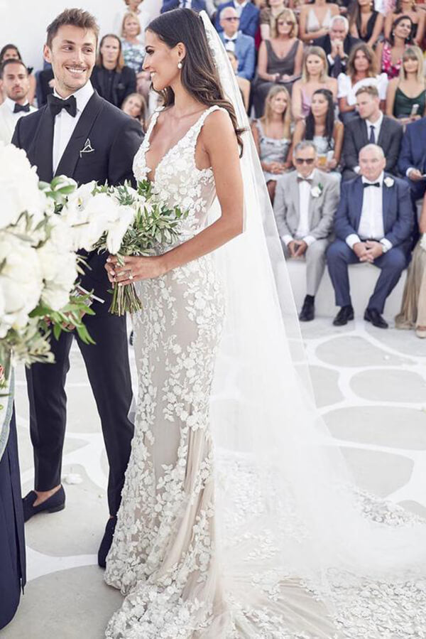 Vintage Lace Mermaid Beaded Deep V Neck Wedding Dress, Bridal Gown, MW558 | bridal gowns | wedding dreses online | wedding gowns | cheap wedding dresses | www.musebridals.com