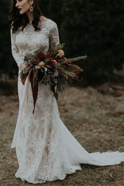 Vintage Long Sleeves Lace Mermaid Backless Wedding Dress, Bridal Gown, MW562 | long sleeves wedding dresses | cheap lace wedding dresses | wedding dresses online | www.musebridals.com