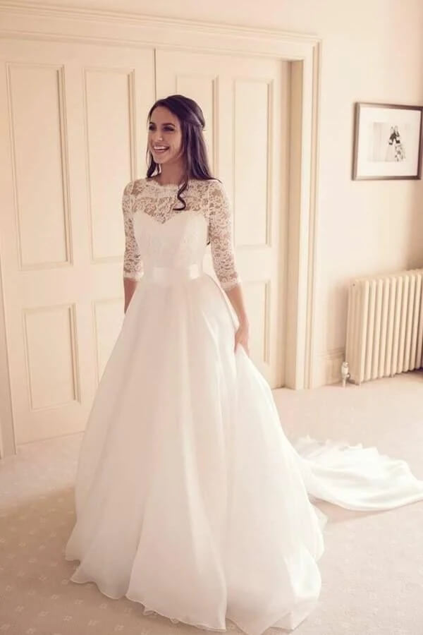 Vintage Tulle Lace A-line 3/4 Sleeves Bridal Gowns, Wedding Dresses, MW815 | tulle wedding dresses | modest wedding dress | long sleeves wedding dresses | musebridals.com