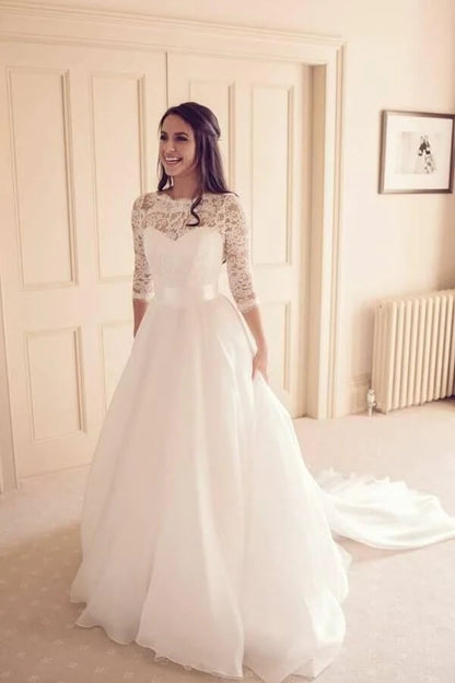 Vintage Tulle Lace A-line 3/4 Sleeves Bridal Gowns, Wedding Dresses, MW815 | tulle wedding dresses | modest wedding dress | long sleeves wedding dresses | musebridals.com