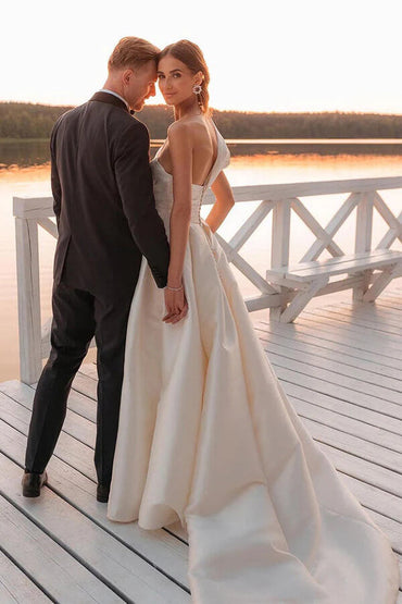 Vintage Satin One Shoulder Ball Gown Wedding Dresses With Train, MW1015 | beach wedding dress | summer wedding dress | satin wedding dress | musebridals.com