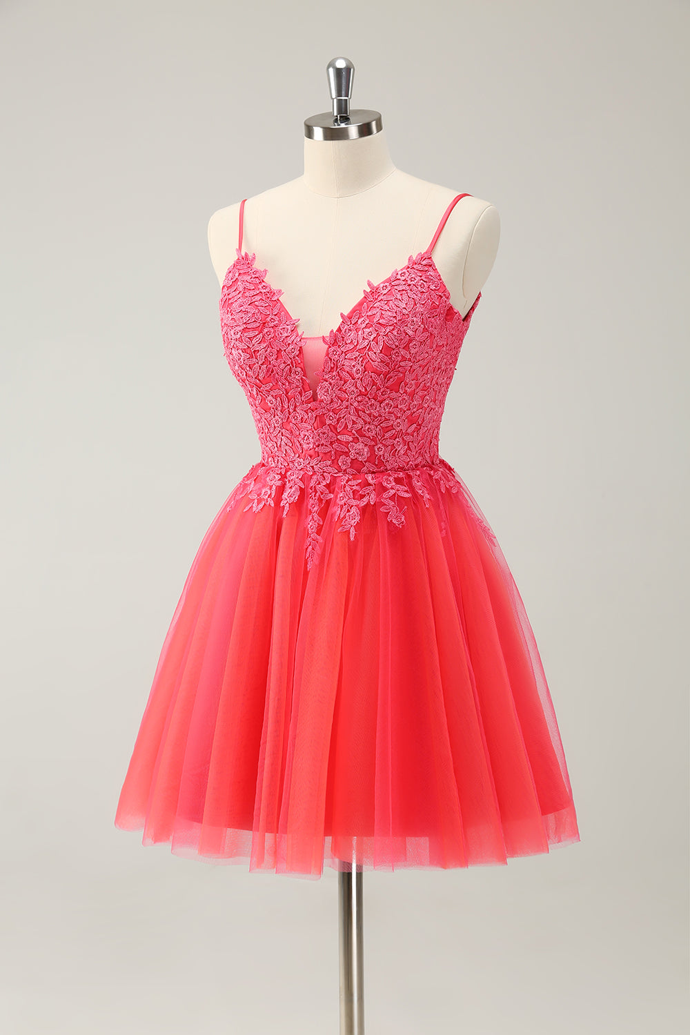 Cute Hot Pink A Line Spaghetti Straps Sequin Short Homecoming Dress with Appliques