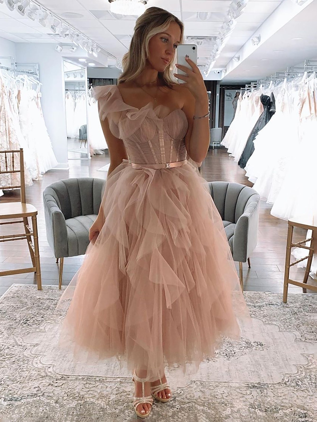 Roycebridal Addie | One Shoulder Blush Tulle A Line Long Prom Dress