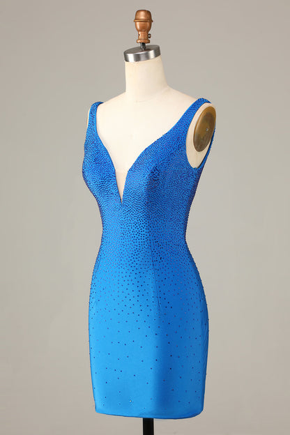 Blue Sheath Deep V Neck Short Homecoming Dress with Beading