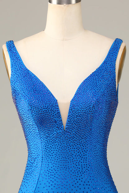 Blue Sheath Deep V Neck Short Homecoming Dress with Beading
