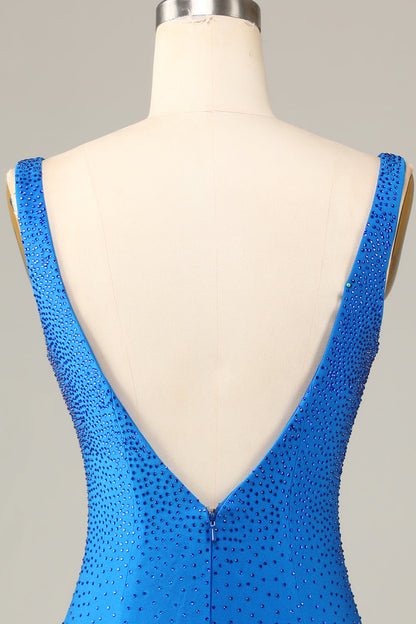 Blue Sheath Deep V Neck Short Homecoming Dress with Beading