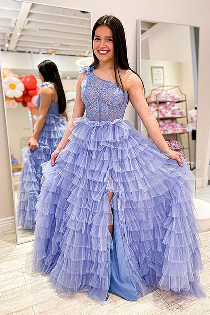 Roycebridal Kinsley | A Line One Shoulder Tiered Long Prom Dress