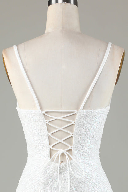 Sparkly White Bodycon Lace-Up Back Beaded Short Homecoming Dress with Tassel