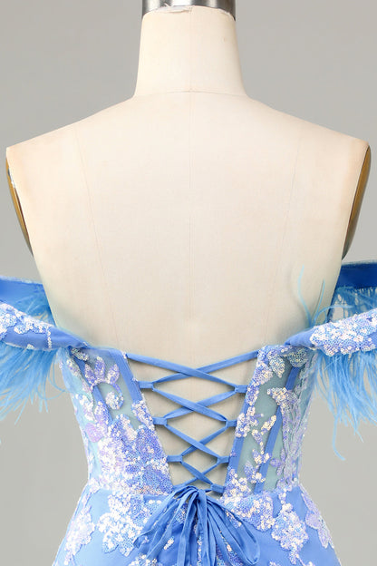 Gorgeous Sheath Off the Shoulder Blue Short Homecoming Dress with Feather