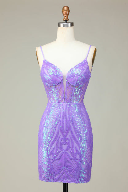 Stylish Lilac Bodycon Sequins Corset Homecoming Dress with Criss Cross Back