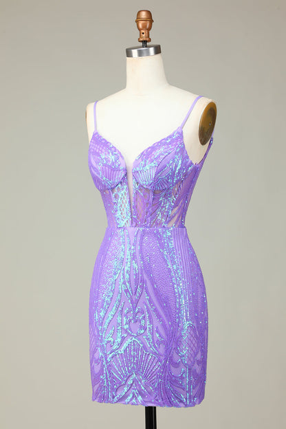 Stylish Lilac Bodycon Sequins Corset Homecoming Dress with Criss Cross Back