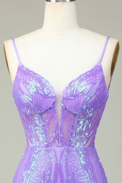 Stylish Lilac Bodycon Sequins Corset Homecoming Dress with Criss Cross Back