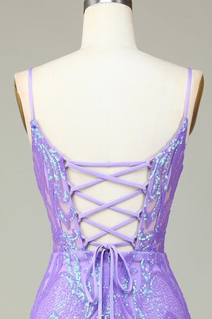 Stylish Lilac Bodycon Sequins Corset Homecoming Dress with Criss Cross Back