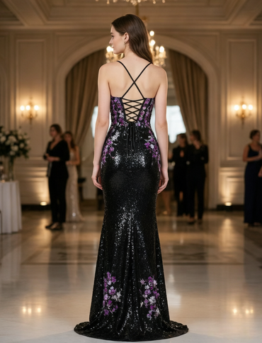 Robe de bal trapèze bleue plissée avec découpe en satin