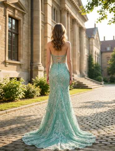 Robe de bal trapèze bleue plissée avec découpe en satin