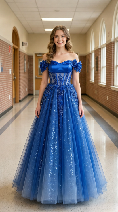 Robe de bal trapèze bleue plissée avec découpe en satin