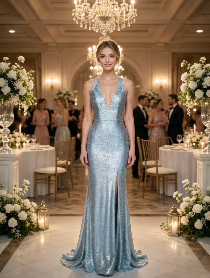 الرسن الأزرق مطوي مع انقطاع الساتان فستان حفلة موسيقية الخط