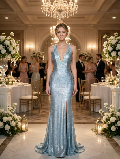 الرسن الأزرق مطوي مع انقطاع الساتان فستان حفلة موسيقية الخط