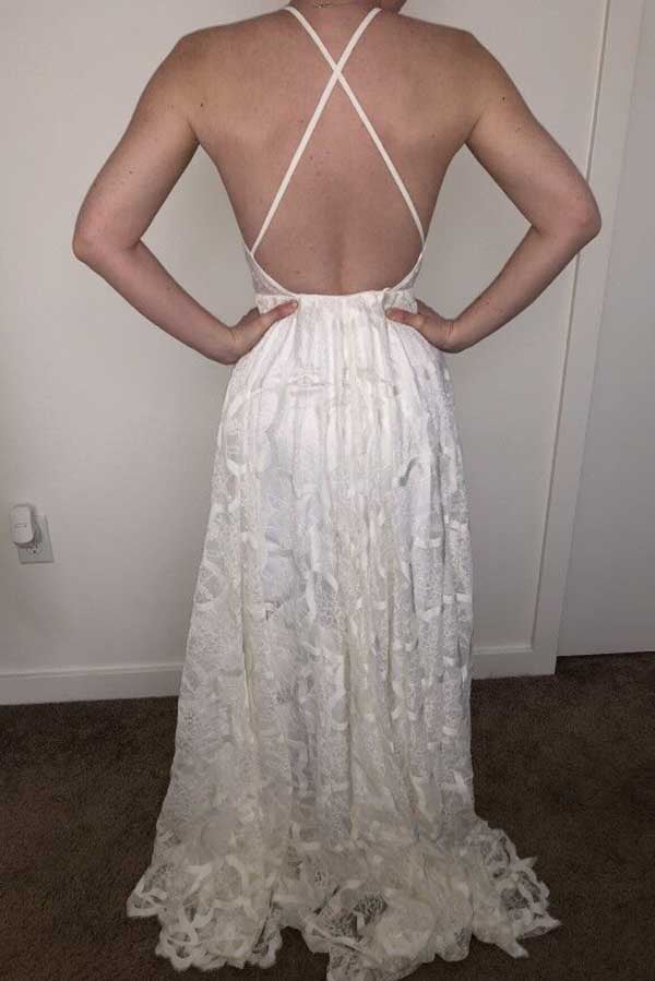 White A-line Halter Sweep Train Lace Wedding Dresses, Wedding Gowns, MW725 | backless wedding dresses | lace wedding gown | bohemian wedding dresses | www.musebridals.com