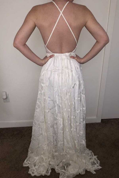 White A-line Halter Sweep Train Lace Wedding Dresses, Wedding Gowns, MW725 | backless wedding dresses | lace wedding gown | bohemian wedding dresses | www.musebridals.com