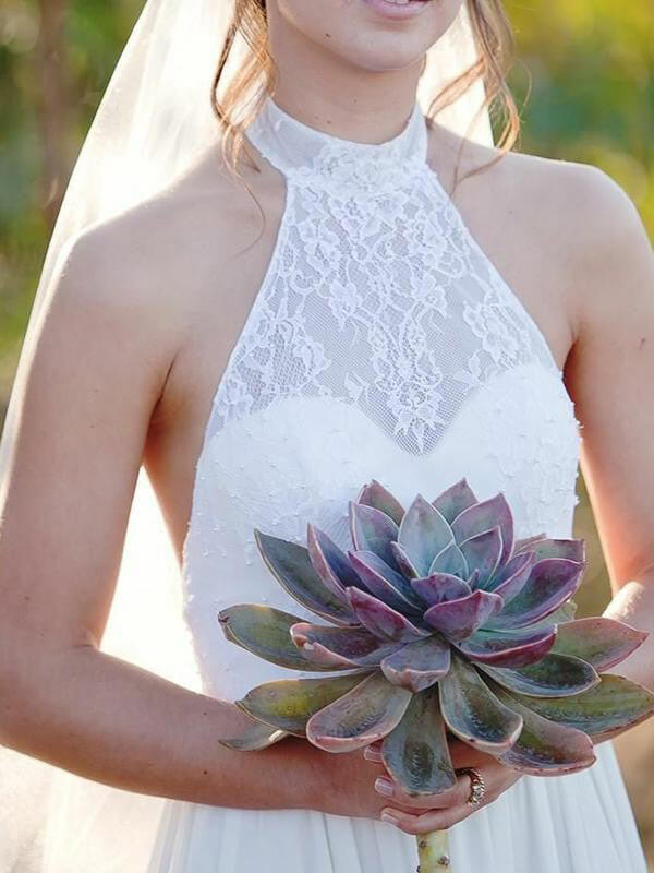 White Lace Chiffon A-line Halter Neck Backless Wedding Dresses With Train, MW655 | white wedding dresses | outdoor wedding dress | wedding gown | www.musebridals.com