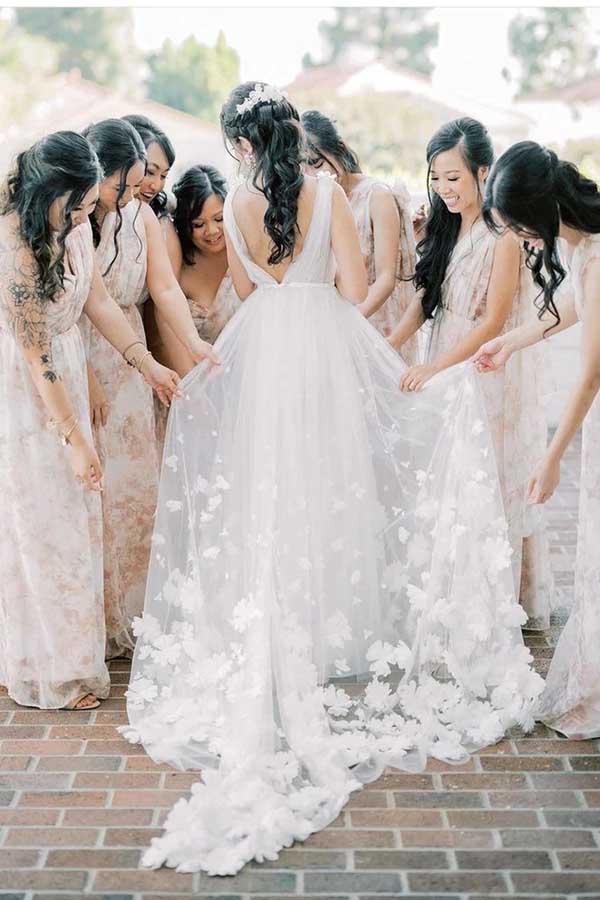White Tulle A-line V-neck Flowers Beach Wedding Dresses, Bridal Gowns, MW730 | white wedding dresses | backless wedding dresses | simple wedding dresses | www.musebridals.com