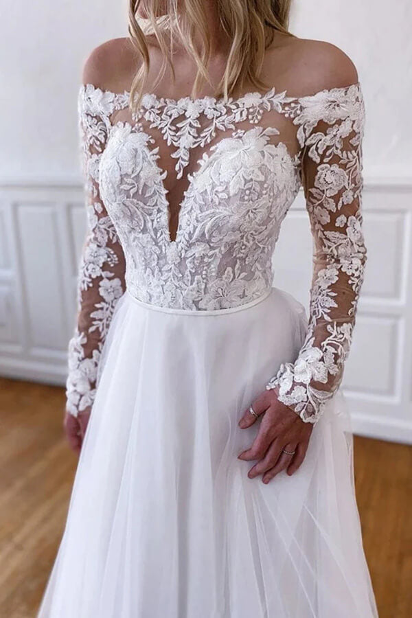 White Tulle Lace A-line Long Sleeves Wedding Dresses, Wedding Gowns, MW816 | wedding dress stores | tulle wedding dresses | beach wedding dress | musebridals.com