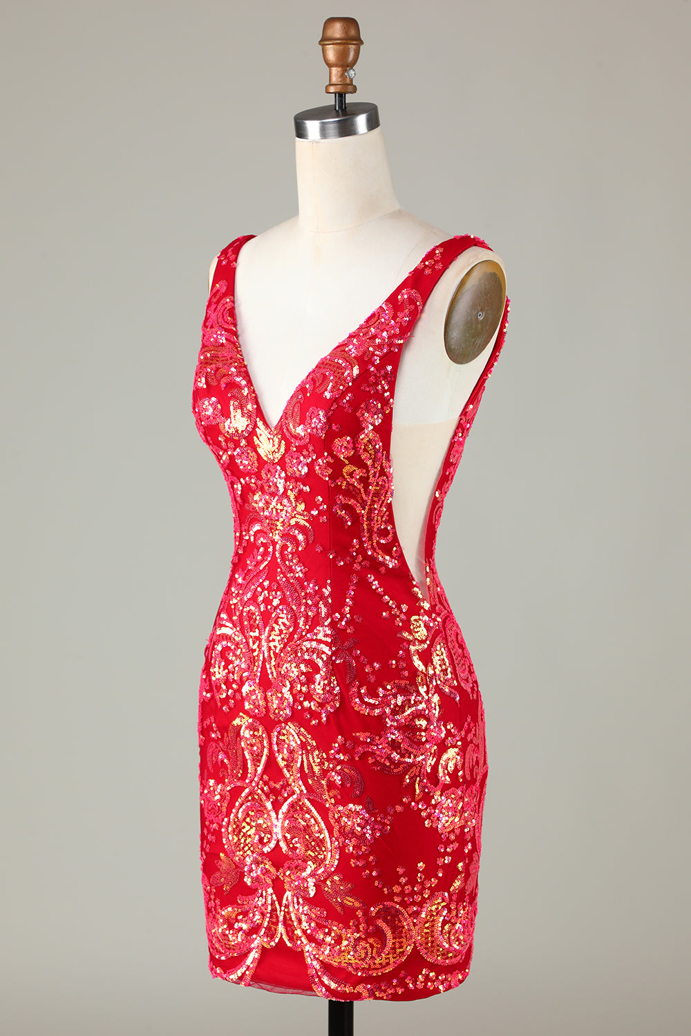 Classy Red V Neck Backless Sparkly Sequin Tight Homecoming Dress