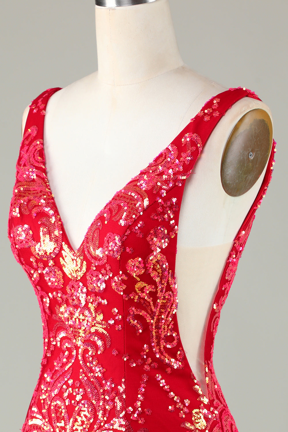 Classy Red V Neck Backless Sparkly Sequin Tight Homecoming Dress
