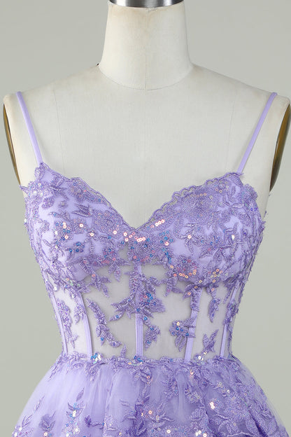 Cute Pink A Line Spaghetti Straps Sparkly Sequin Tiered Corset Short Homecoming Dress