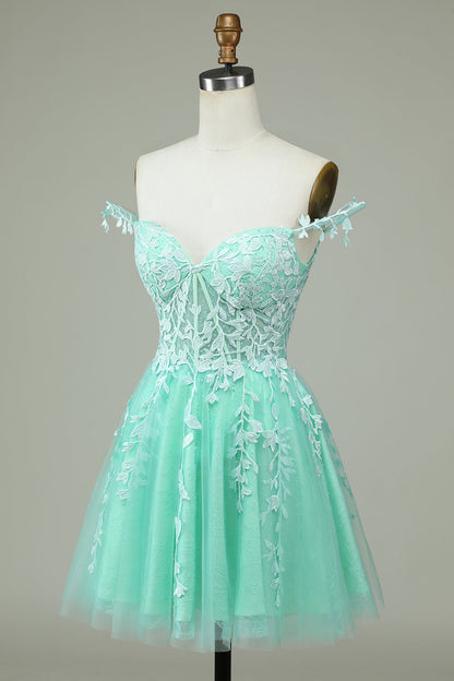 Stylish A Line Spaghetti Straps Mint Short Homecoming Dress with Appliques