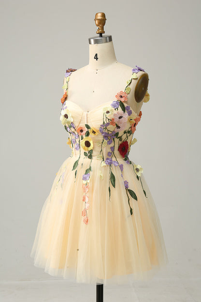 Champagne A Line Spaghetti Straps Short Homecoming Dress with Appliques