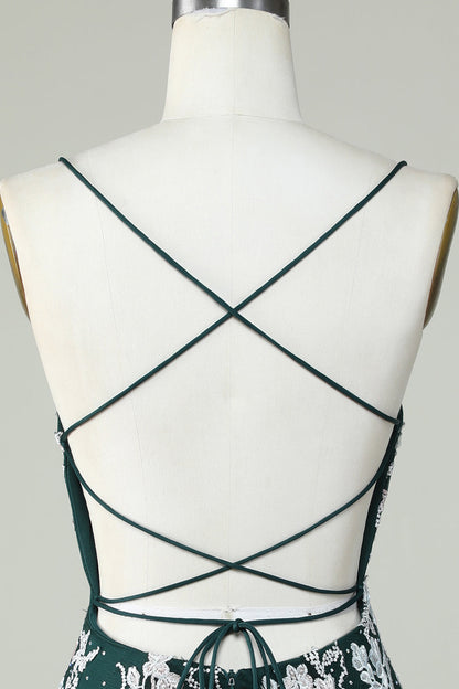 Dark Green Bodycon Spaghetti Straps Homecoming Dress With Appliques