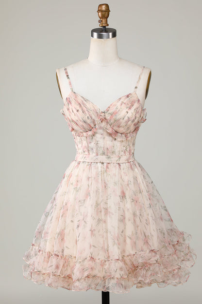 Champagne A-Line Corset Floral Short Homecoming Dress with Lace Up Back