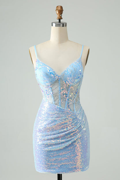 Glitter Lilac Tight Spaghetti Straps Corset Short Homecoming Dress with Sequins