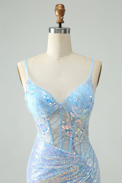 Glitter Lilac Tight Spaghetti Straps Corset Short Homecoming Dress with Sequins