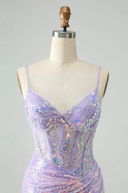 Glitter Lilac Tight Spaghetti Straps Corset Short Homecoming Dress with Sequins