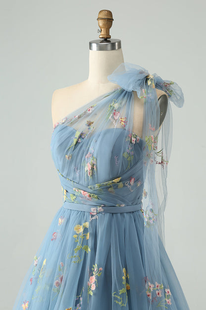 Light Green A Line One Shoulder Tulle Homecoming Dress with Floral Embroidery