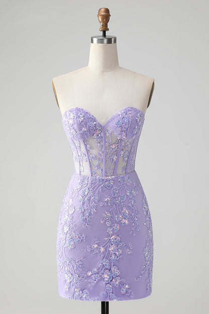 Edles lilafarbenes, figurbetontes, herzförmiges, kurzes Homecoming-Kleid im Korsett-Stil mit Pailletten