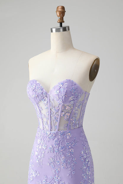 Edles lilafarbenes, figurbetontes, herzförmiges, kurzes Homecoming-Kleid im Korsett-Stil mit Pailletten