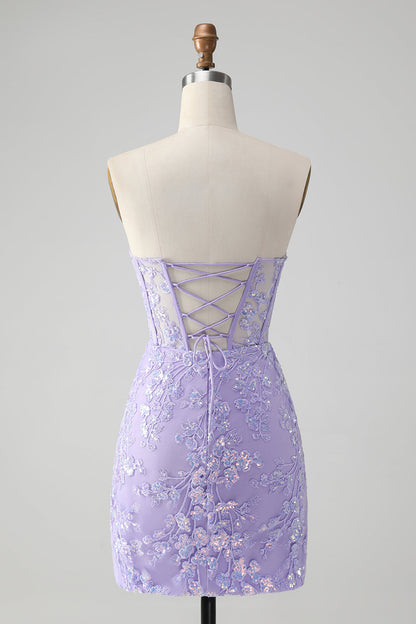 Edles lilafarbenes, figurbetontes, herzförmiges, kurzes Homecoming-Kleid im Korsett-Stil mit Pailletten