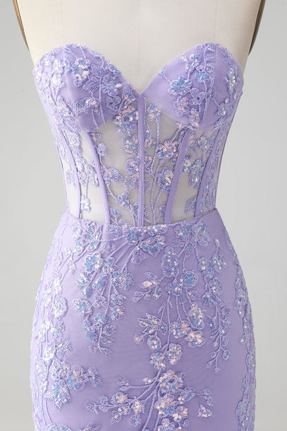 Edles lilafarbenes, figurbetontes, herzförmiges, kurzes Homecoming-Kleid im Korsett-Stil mit Pailletten
