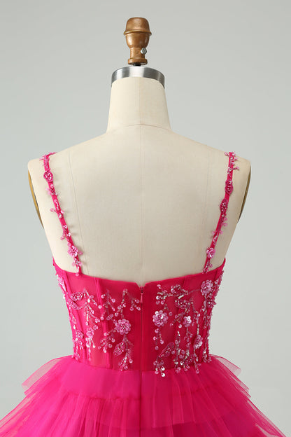 Cute Fuchsia A Line Spaghetti Straps Tiered Short Homecoming Dress with Sequins