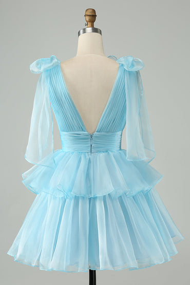 Cute Sky Blue A Line V Neck Backless Pleated Tiered Short Homecoming Dress