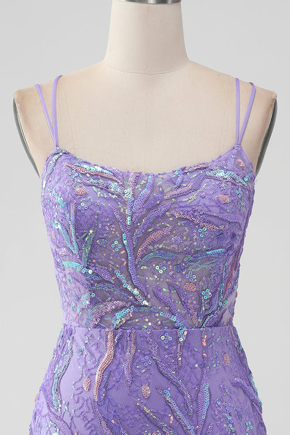 Sparkly Lilac Mermaid Lace-Up Back Short Homecoming Dress with Sequins