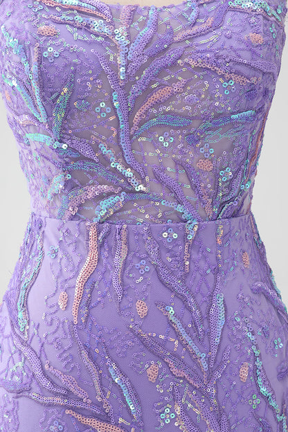 Sparkly Lilac Mermaid Lace-Up Back Short Homecoming Dress with Sequins