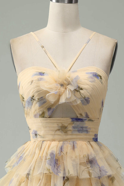 Yellow Flower A-Line Halter Tiered Print Short Homecoming Dress