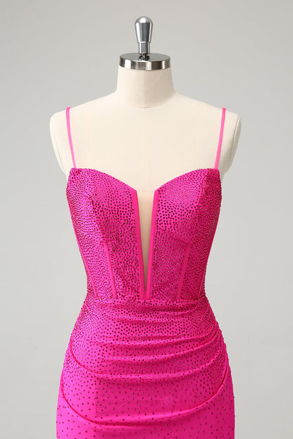 Fuchsia Bodycon Spaghetti Straps Corset Short Homecoming Dress with Beading