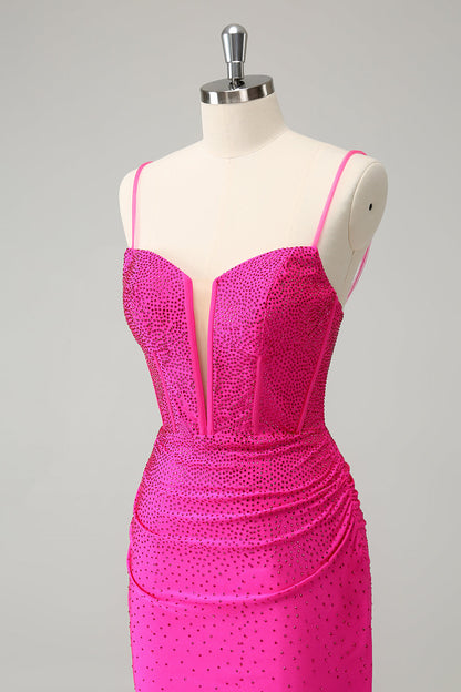 Fuchsia Bodycon Spaghetti Straps Corset Short Homecoming Dress with Beading