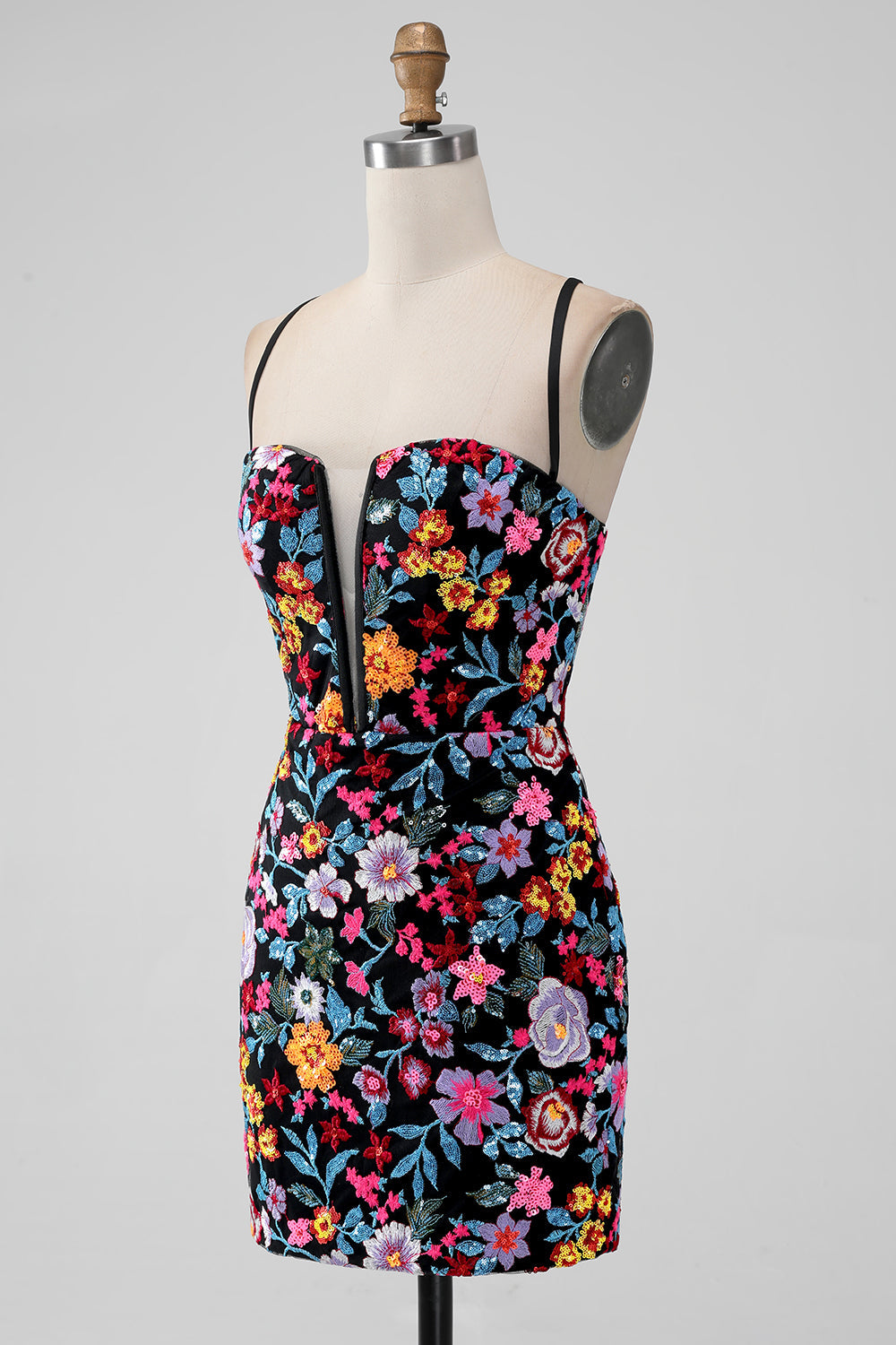 Black Flower Mermaid Spaghetti Straps Embroidered Short Homecoming Dress